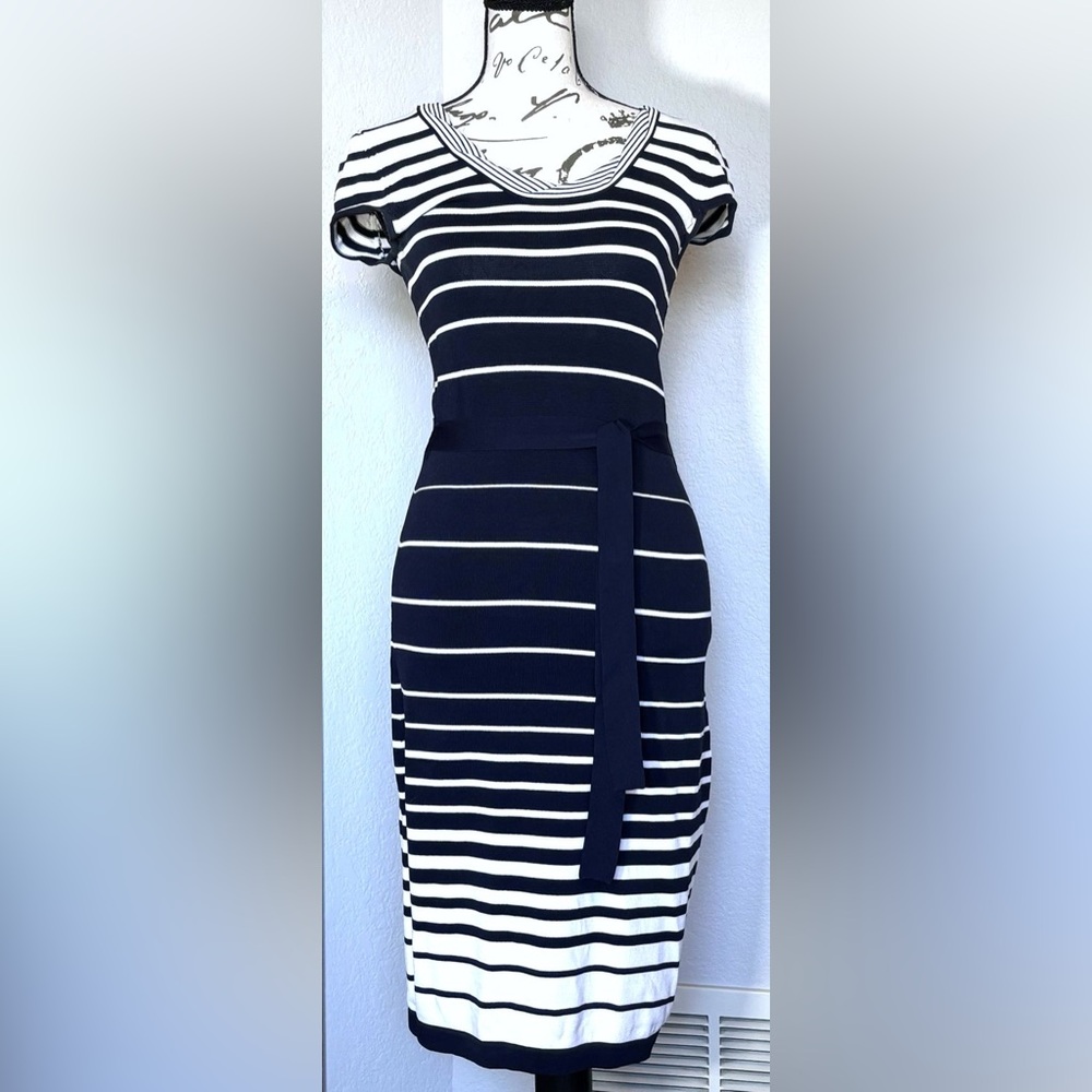 Woman's XS Adrienne Vittadini Navy Blue White Striped Stretchy Fitted Dress EUC